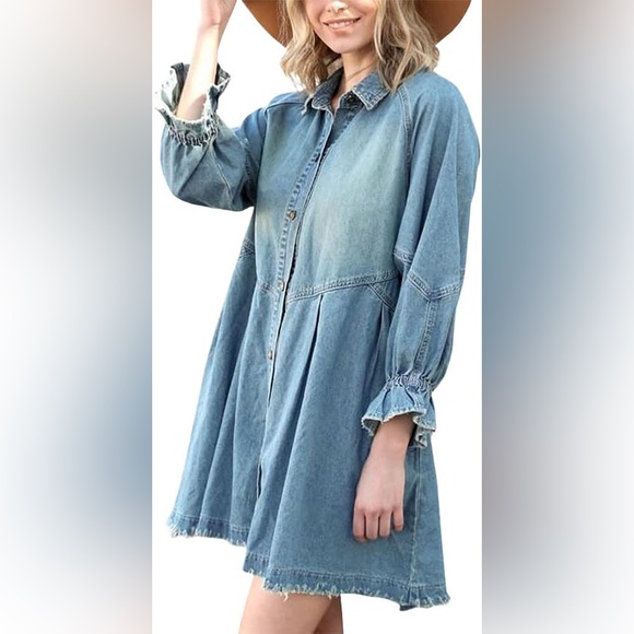 veveret Dresses & Skirts - Veveret Babydoll denim women’s large blue jean long sleeve western trendy button